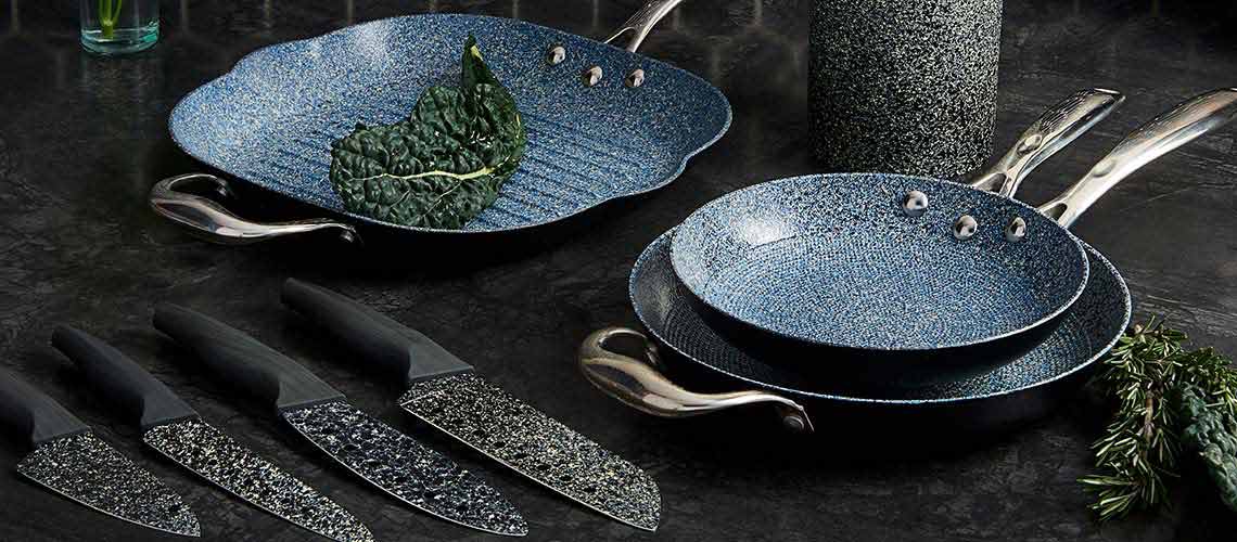 477-648 Deen Brothers Hard Anodized Cast Iron GranIT Ceramic Nonstick 12-inch Grill Pan, 477-644 Deen Brothers Hard Anodized Cast Iron GranIT Ceramic Nonstick 8 & 9.5-inch Fry Pans, 473-255 Deen Brothers GranIT Ceramic Nonstick 8-Piece Cutlery Set w Universal Block